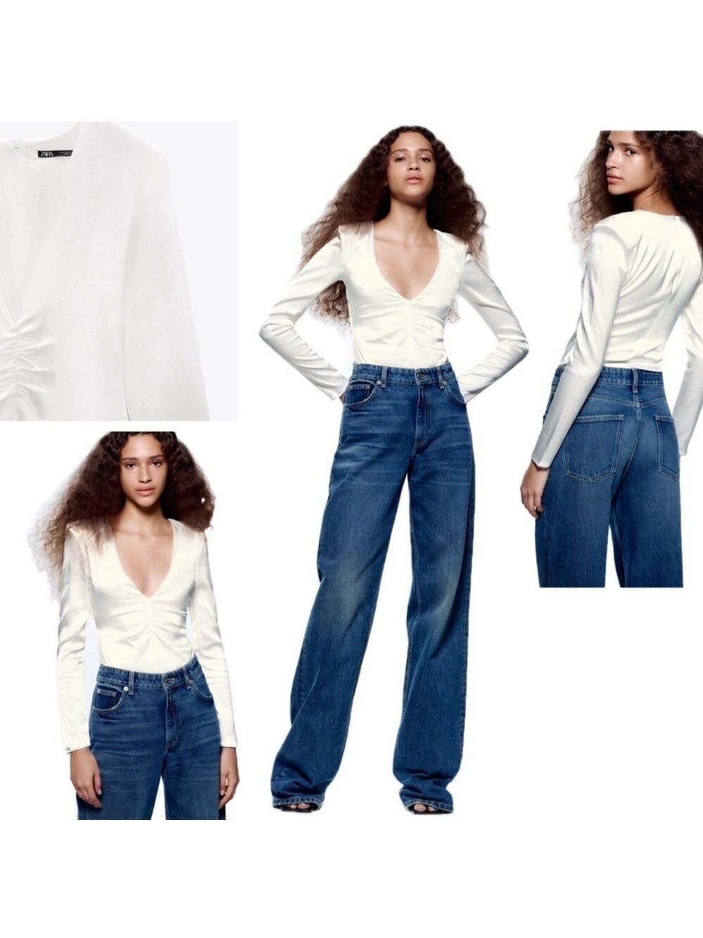Zara white satin effect ruched long sleeve V-neck bodysuit Sz XL NWOT
